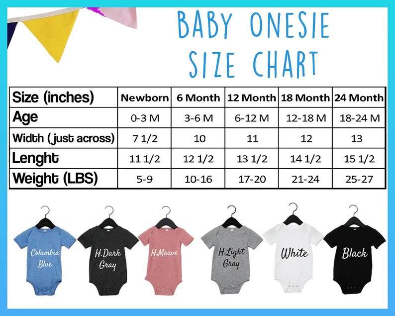The image is a size chart for baby onesies, displaying the measurements for newborns, 6-12 months, and 18-24 months, along with the corresponding clothing sizes.