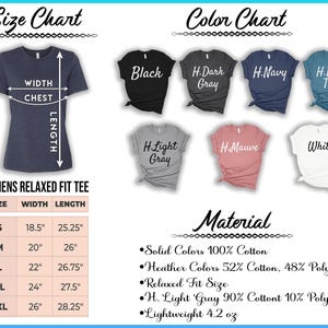 a collection of t-shirts in various colors and sizes, along with size charts and color charts providing information about the t-shirts.