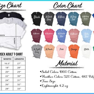 The image is a color chart and size chart for a collection of adult t-shirts. The color chart displays various solid colors and their corresponding fabric properties, such as cotton, polyester, and weight. The size chart provides measurements for different shirt sizes, including XS, S, XS/L, and XXL. The chart also includes a section for a "UNISEX ADULT T-SHIRT" with specific size and color options.