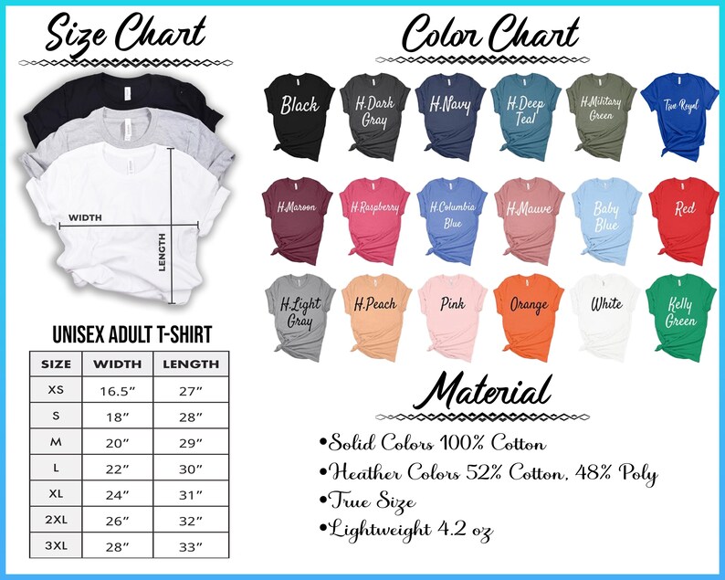 The image is a color chart and size chart for a collection of adult t-shirts. The color chart displays various solid colors and their corresponding fabric properties, such as cotton, polyester, and weight. The size chart provides measurements for different shirt sizes, including XS, S, XS/L, and XXL. The chart also includes a section for a "UNISEX ADULT T-SHIRT" with specific size and color options.