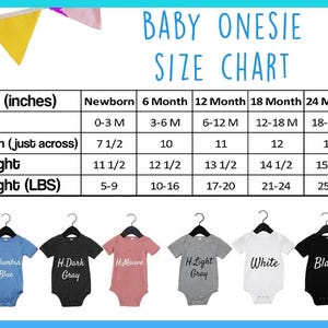 The image is a size chart for baby onesies, displaying the measurements for newborns, 6-12 months, and 18-24 months, along with the corresponding clothing sizes.