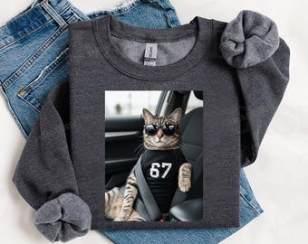 Funny Cool Cat Wearing Six Seven Six Seven Shirt, Funny 6 7 Meme Tee, Cat Knocking Off 67, Funny Cat Shirt, Funny Cat 6 7 Shirt
