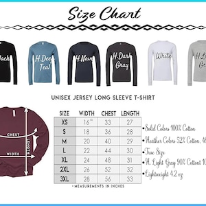 The image is a size chart for a unisex long sleeve t-shirt, displaying various sizes and corresponding measurements.