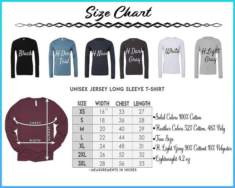 The image is a size chart for a unisex long sleeve t-shirt, displaying various sizes and corresponding measurements.