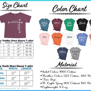 The image is a size chart and color chart for a collection of t-shirts, providing measurements and color options for different age groups and sizes.
