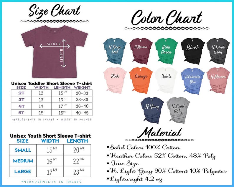 The image is a size chart and color chart for a collection of t-shirts, providing measurements and color options for different age groups and sizes.