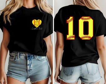 Softball Heart Shirt With Custom Number And Name Shirt, Softball Mom Gift, Personalized Softball Tee, Softball Team, Game Day Softball Tee