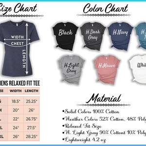 a collection of t-shirts in various colors and sizes, along with size charts and color charts providing information about the t-shirts.