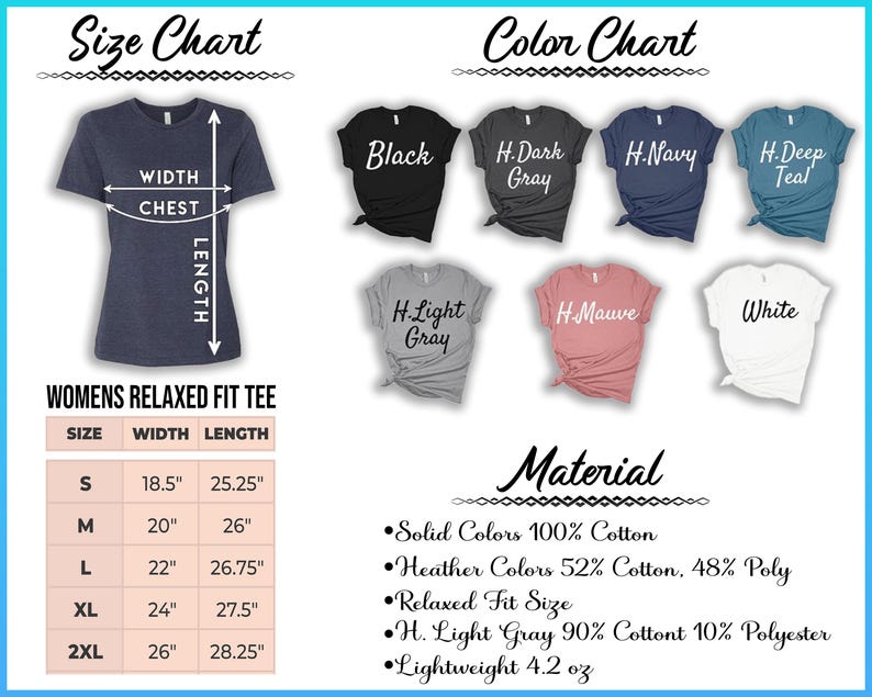 a collection of t-shirts in various colors and sizes, along with size charts and color charts providing information about the t-shirts.