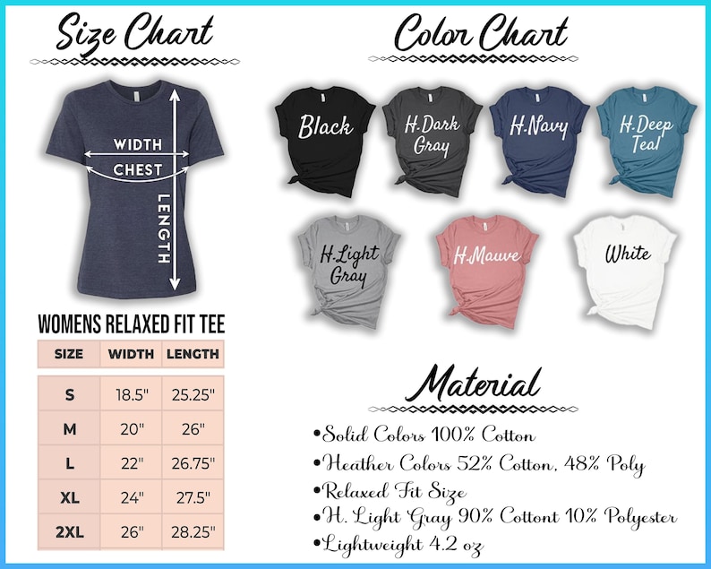 a collection of t-shirts in various colors and sizes, along with size charts and color charts providing information about the t-shirts.