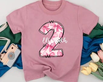 Personalized Two Birthday Girl T-Shirt, Pink Bow 2nd Birthday Girl Outfit, Girl Birthday Party Toddler Tee, Second Birthday Gift Idea