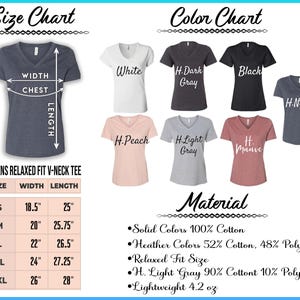 The image is a size chart and color chart for women's relaxed fit v-neck t-shirts. It displays various sizes and colors available in the collection, along with their corresponding measurements and fabric details.