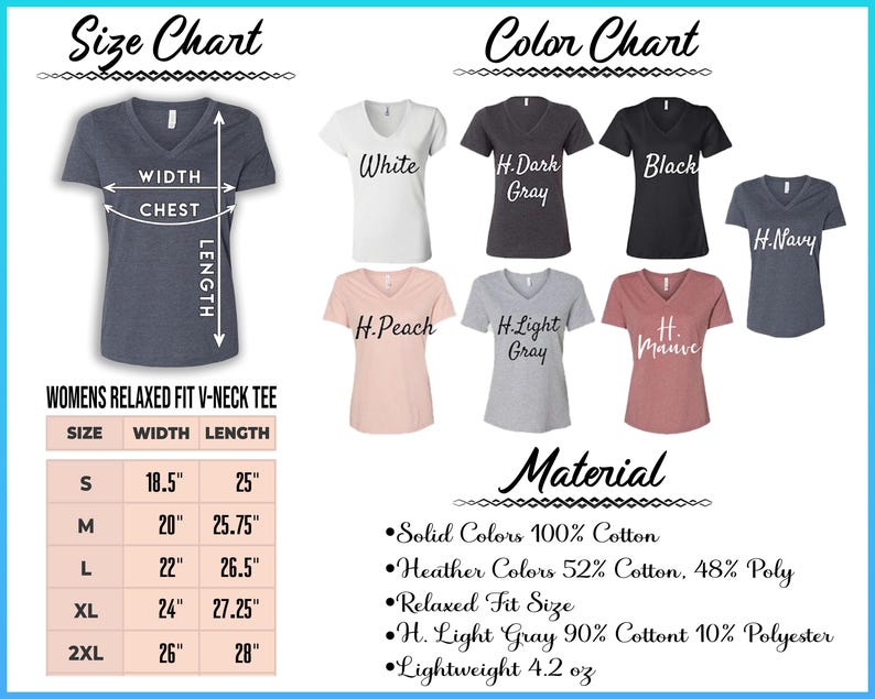 The image is a size chart and color chart for women's relaxed fit v-neck t-shirts. It displays various sizes and colors available in the collection, along with their corresponding measurements and fabric details.