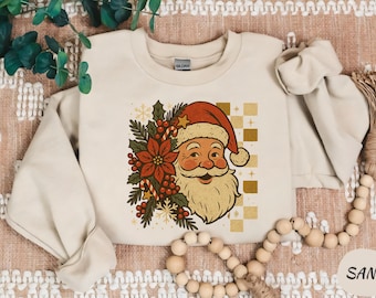 Floral Retro Santa Sweater,Vintage Santa Christmas Sweatshirt,Retro Santa Claus Shirt,Womens Christmas Tee,Holiday Clothing Women
