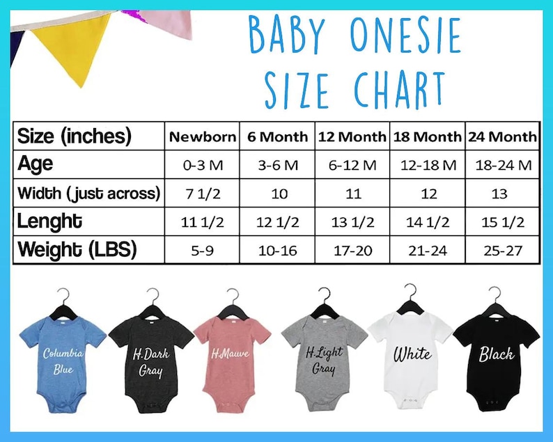 The image is a size chart for baby onesies, displaying the measurements for newborns, 6-12 months, and 18-24 months, along with the corresponding clothing sizes.