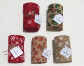 Burlap Ribbon Roll. Holiday. 5.5 in x 15 ft Roll. White Red Snowflakes,Mistletoe,Snowflake with Holiday Words. Christmas Hanukkah Burlap.