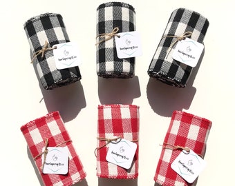 Buffalo Plaid Ribbon Roll. Black and White Buffalo Check. Red and White Plaid. Soft Cotton. Size: 5.5” x 15 ft.