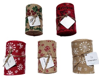 Holiday Burlap Ribbon Roll: Christmas Snowflakes & Mistletoe (5.5" x 15 ft)
