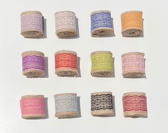 Burlap Ribbon with Colorful Lace - 2.5" x 6.6 ft (Pack of 12)