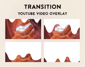 Könnte beinhalten: Ein Übergangseffekt für YouTube-Videos mit einer wellenförmigen, weißen Form, die über einem Landschaftsbild eines roten Canyons mit blauem Himmel und dem Wort "Abenteuer" in der Mitte liegt.