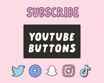 May include: A pink background with the text "SUBSCRIBE" in large, pink, bubble letters. Below the text is a black rectangle with the text "YOUTUBE BUTTONS" in white. Below the rectangle are five social media icons: a blue Twitter bird, a blue Facebook "f", a white ghost, a pink Instagram camera, and a blue, pink, and white TikTok logo.