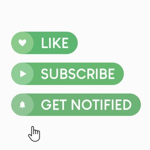Puede incluir: Tres botones verdes con iconos y texto blancos. El botón superior tiene un icono de corazón y el texto "LIKE". El botón del medio tiene un icono de reproducción y el texto "SUBSCRIBE". El botón inferior tiene un icono de campana y el texto "GET NOTIFIED".