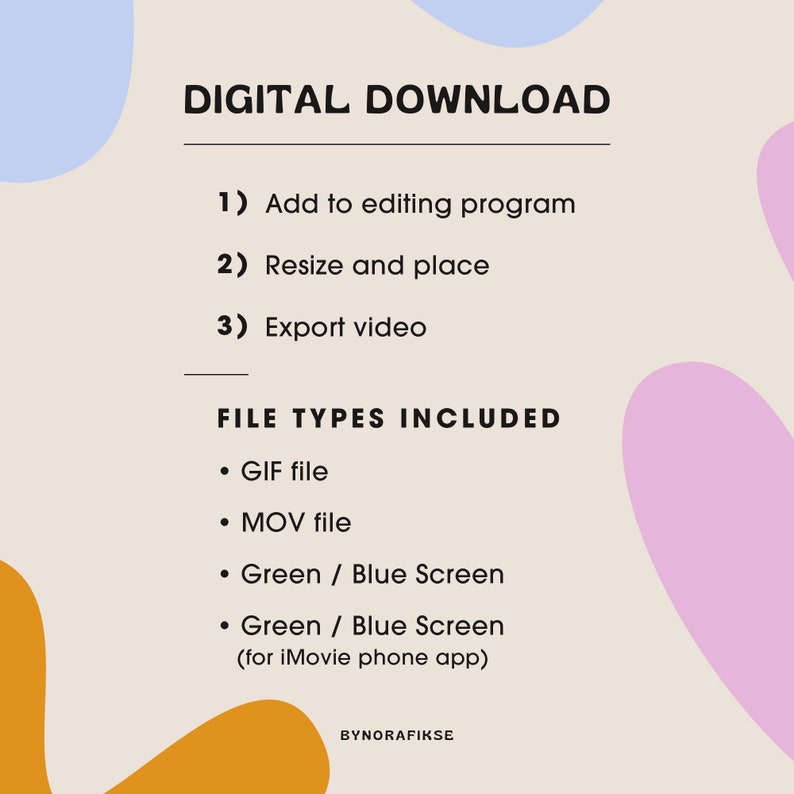 Pu&ograve; includere: Istruzioni per il download digitale con un elenco dei tipi di file inclusi: GIF, MOV, schermo verde/blu e schermo verde/blu (per l'app iMovie per telefono).