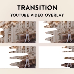 Peut inclure: Un effet de transition pour les vidéos YouTube avec une forme ondulée blanche superposée à une photo d'une femme debout devant un bâtiment.