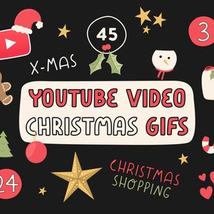 K&ouml;nnte beinhalten: Festliche Illustration auf schwarzem Hintergrund mit Weihnachtselementen. Enth&auml;lt ein YouTube-Logo, einen Weihnachtsmannhut, einen Lebkuchenmann, einen Weihnachtsbaum, eine Geschenkbox, Sterne und den Text "YOUTUBE VIDEO CHRISTMAS GIFTS" und "CHRISTMAS SHOPPING".