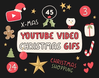 Könnte beinhalten: Festliche Illustration auf schwarzem Hintergrund mit Weihnachtselementen. Enthält ein YouTube-Logo, einen Weihnachtsmannhut, einen Lebkuchenmann, einen Weihnachtsbaum, eine Geschenkbox, Sterne und den Text "YOUTUBE VIDEO CHRISTMAS GIFTS" und "CHRISTMAS SHOPPING".