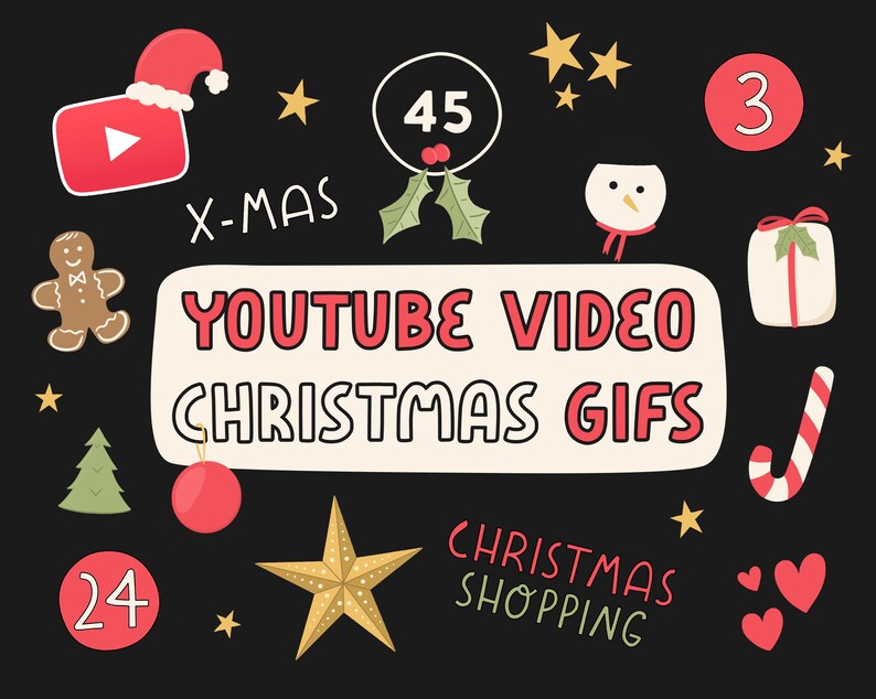 K&ouml;nnte beinhalten: Festliche Illustration auf schwarzem Hintergrund mit Weihnachtselementen. Enth&auml;lt ein YouTube-Logo, einen Weihnachtsmannhut, einen Lebkuchenmann, einen Weihnachtsbaum, eine Geschenkbox, Sterne und den Text "YOUTUBE VIDEO CHRISTMAS GIFTS" und "CHRISTMAS SHOPPING".