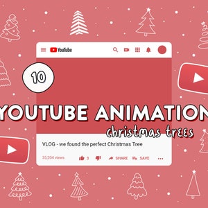 Könnte beinhalten: Ein YouTube-Video-Thumbnail mit rotem Hintergrund und weißen Schneeflocken. Das Video heißt "YOUTUBE ANIMATION christmas trees" und die Beschreibung lautet "VLOG - we found the perfect Christmas Tree". Das Video hat 35.204 Aufrufe und 3 Likes.