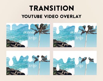 Könnte beinhalten: Ein weißer, tropfender Farbeffekt-Übergangs-Overlay für YouTube-Videos. Der Overlay zeigt eine Strandszene mit einer Palme und dem Text "aussie trip" in Weiß.