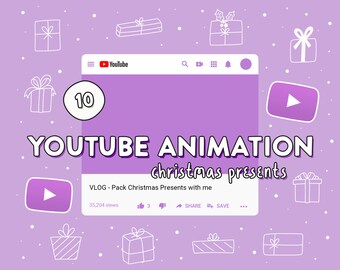 May include: A YouTube video thumbnail with a purple background and white outline. The video is titled "YOUTUBE ANIMATION christmas presents" and the description is "VLOG - Pack Christmas Presents with me". The video has 35,204 views and 3 likes. There are several white gift boxes with bows and holly on the background.