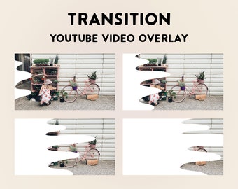 Könnte beinhalten: Ein YouTube-Video-Overlay-Grafik mit dem Wort „TRANSITION“ in fetten schwarzen Buchstaben über „YOUTUBE VIDEO OVERLAY“. Die Grafik zeigt ein rosa Fahrrad, Pflanzen und eine Person in einem Blumenkleid. Der Hintergrund ist eine weiße Wellblechwand.