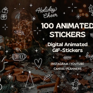 Animated Stickers, 100 Animated Christmas GIF doodles for YOUTUBE Videos, Instagram Story, Hand Drawn VLOGMAS graphics, Cute Line Doodles