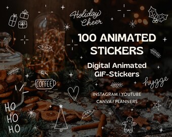Könnte beinhalten: Eine digitale Illustration von 100 animierten Stickern mit einem festlichen Thema. Die Sticker zeigen verschiedene Winter- und Weihnachtsmotive, darunter eine Kaffeetasse, ein Herz, einen Weihnachtsbaum, einen Lebkuchenmann und einen Stern. Der Text "100 ANIMIERTE STICKER" ist in Weiß auf einem dunklen Hintergrund geschrieben. Der Text "Digitale animierte GIF-Sticker" ist ebenfalls in Weiß auf einem dunklen Hintergrund geschrieben. Der Text "INSTAGRAM/YOUTUBE CANVA/PLANNERS" ist in Weiß auf einem dunklen Hintergrund geschrieben. Der Text "Holiday Cheer" ist in Weiß auf einem dunklen Hintergrund geschrieben. Der Text "hygge" ist in Weiß auf einem dunklen Hintergrund geschrieben.