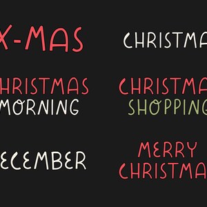 K&ouml;nnte beinhalten: Schwarzer Hintergrund mit den W&ouml;rtern "X-MAS", "CHRISTMAS", "CHRISTMAS MORNING", "CHRISTMAS SHOPPING", "DECEMBER" und "MERRY CHRISTMAS" in verschiedenen Farben und Schriftarten.
