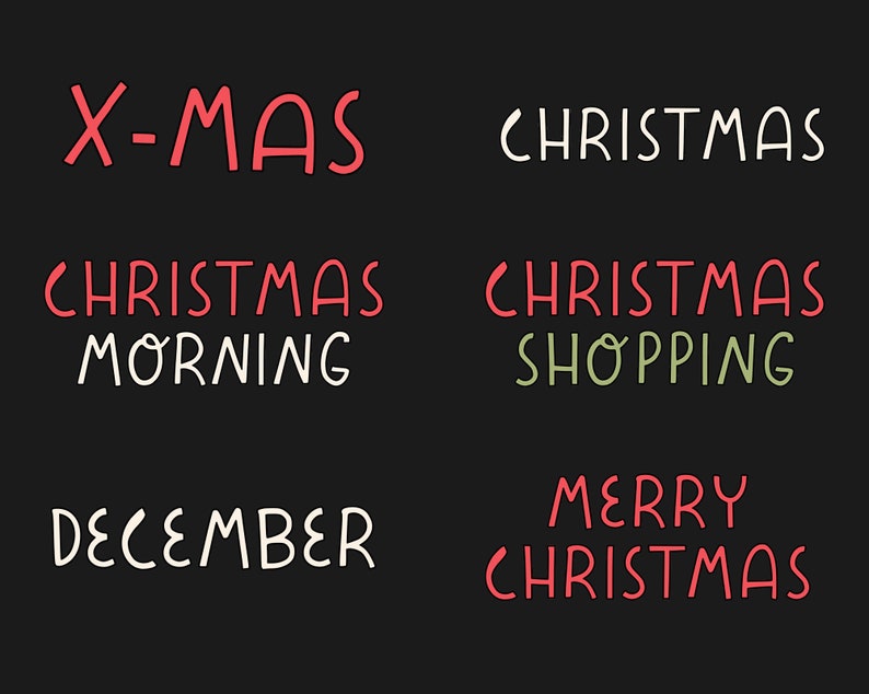 K&ouml;nnte beinhalten: Schwarzer Hintergrund mit den W&ouml;rtern "X-MAS", "CHRISTMAS", "CHRISTMAS MORNING", "CHRISTMAS SHOPPING", "DECEMBER" und "MERRY CHRISTMAS" in verschiedenen Farben und Schriftarten.