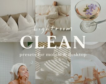 May include: A collage of images showcasing a set of Lightroom presets called "Clean". The images feature a white couch, a glass of champagne with purple flowers, a woman washing her face, a white bed with sunlight streaming through the window, and a bathtub with a book and flowers.