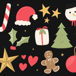 K&ouml;nnte beinhalten: Eine Sammlung weihnachtlicher Illustrationen auf schwarzem Hintergrund. Das Bild enth&auml;lt eine Zuckerstange, einen Weihnachtsmannhut, Sterne, einen Schneemann, ein Geschenk, einen Weihnachtsbaum, Stechpalmen, Herzen, einen Lebkuchenmann und eine rote Kugel.