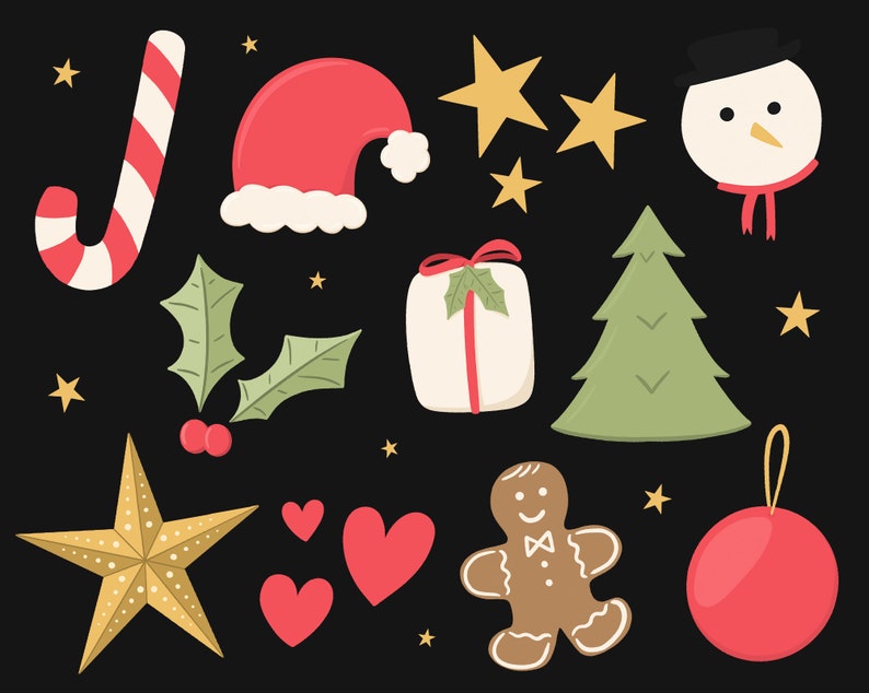 K&ouml;nnte beinhalten: Eine Sammlung weihnachtlicher Illustrationen auf schwarzem Hintergrund. Das Bild enth&auml;lt eine Zuckerstange, einen Weihnachtsmannhut, Sterne, einen Schneemann, ein Geschenk, einen Weihnachtsbaum, Stechpalmen, Herzen, einen Lebkuchenmann und eine rote Kugel.