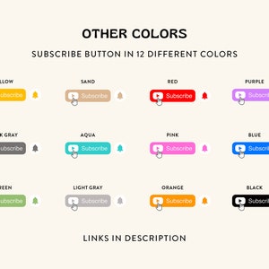 Pu&ograve; includere: Una grafica che mostra 12 pulsanti di iscrizione a YouTube di diversi colori con il testo "Iscriviti" su ogni pulsante. I colori sono giallo, sabbia, rosso, viola, grigio scuro, acquamarina, rosa, blu, verde, grigio chiaro, arancione e nero.