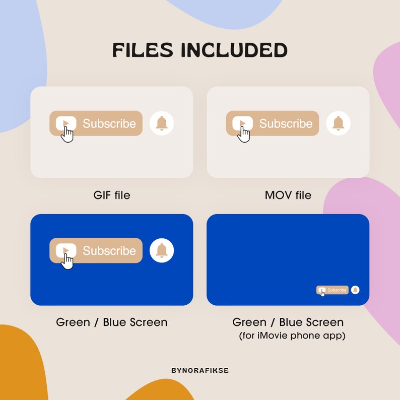 Pu&ograve; includere: Un'illustrazione digitale che mostra quattro diverse versioni di un pulsante "Iscriviti" con una campana di notifica. I pulsanti sono in un file GIF, un file MOV e due versioni a schermo verde. Il testo "FILE INCLUSI" &egrave; nella parte superiore dell'immagine.