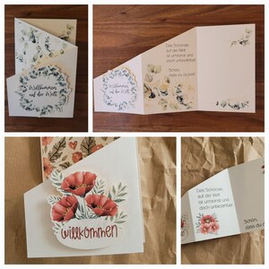 Geburtskarte Kaskadenkarte Kartengrüße Glückwünsche Personaliersierbar Geburtswünsche Grußkarte Mohnblumen Geburt Willkommen Eucalyptus