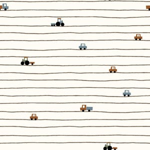 Può includere: Uno schema senza cuciture con veicoli giocattolo marroni e blu su uno sfondo bianco con strisce marroni. Lo schema include auto, camion e trattori.