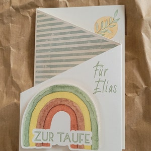 Taufkarte Glückwünsche Papierkunst Regenbogen personalisierbar Kaskadenkarte Spruchkarte Geburtskarte Herzenspost handmade Taufe
