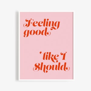 Puede incluir: Impresi&oacute;n tipogr&aacute;fica rosa y roja con el texto "Feeling good like I should".