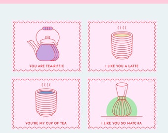 Printable Coffee and Tea Pun Valentine's Day Cards, Classroom Valentine's Day Cards for Kids, Valentine's Day Gift Tags, Instant Download
