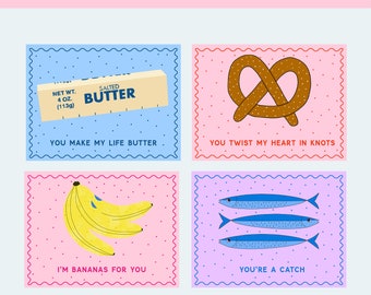 Druckbare Food Wortspiel Valentinstag Karten, Klassenzimmer Valentinstag Karten für Kinder, Valentinstag Geschenkanhänger, Sofort Download
